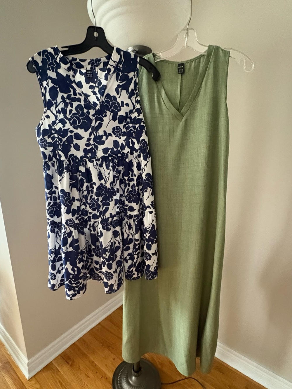 Navy & White Floral Sleeveless Dress + Olive Green V-Neck Maxi Dress